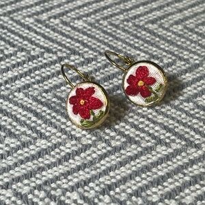 4. Floral Embroidered Gold Tone Earrings red flower